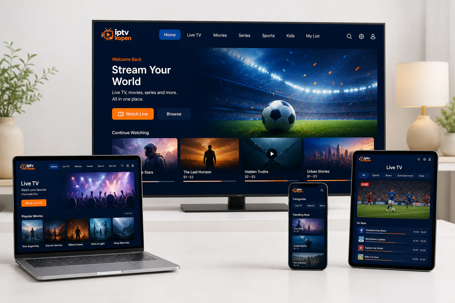 Smart-tv, laptop, tablet en smartphone die het aanbod van IPTV Kopen tonen