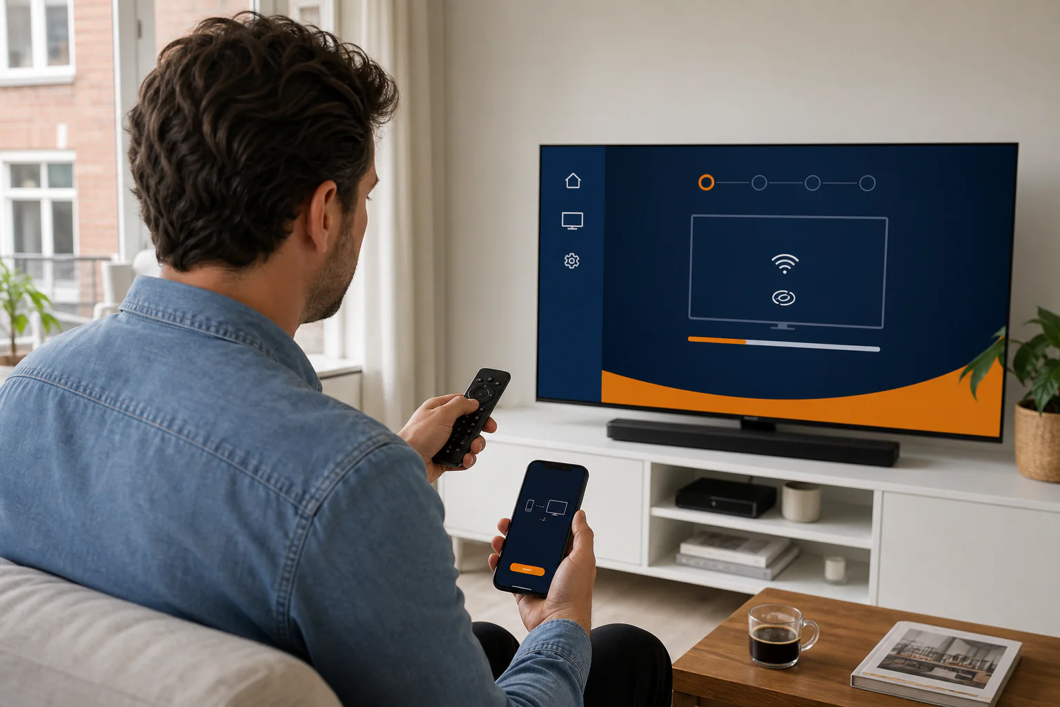 Iemand installeert de streamingapp op een smart-tv met een afstandsbediening en smartphone
