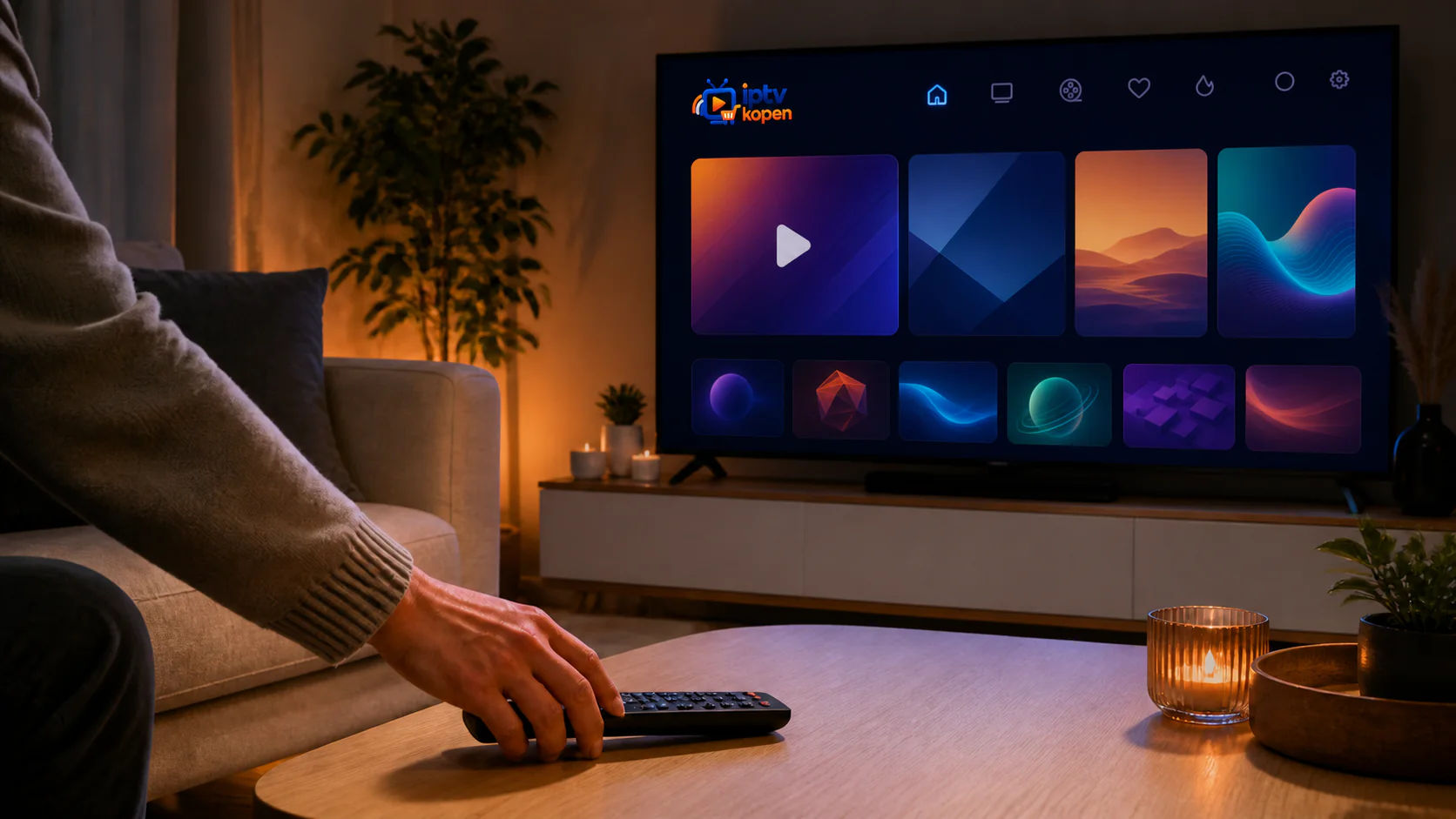 Afstandsbediening in een sfeervolle woonkamer met een streaminginterface op televisie