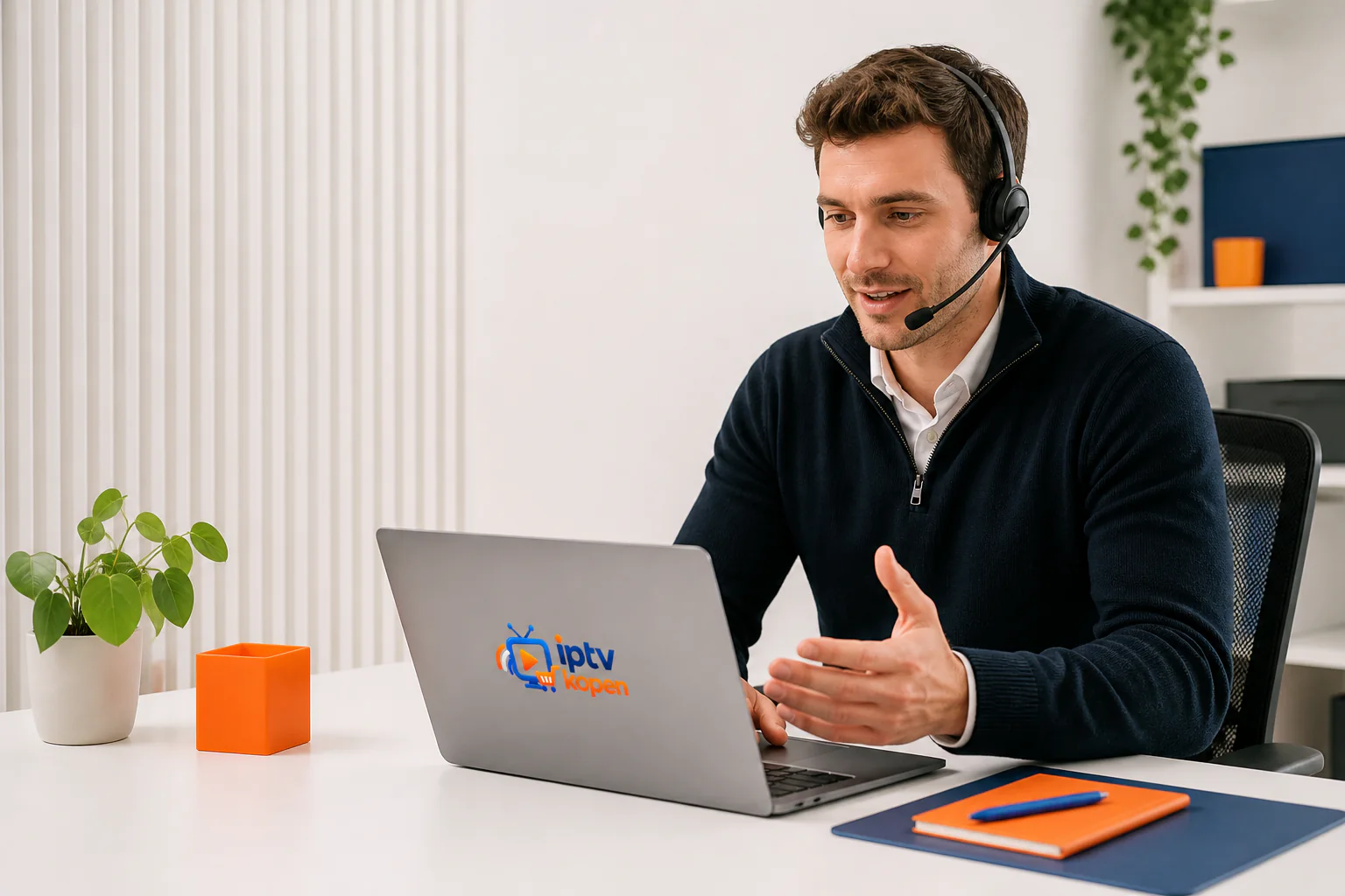 Medewerker van de klantenservice van IPTV Kopen helpt een klant via headset en laptop